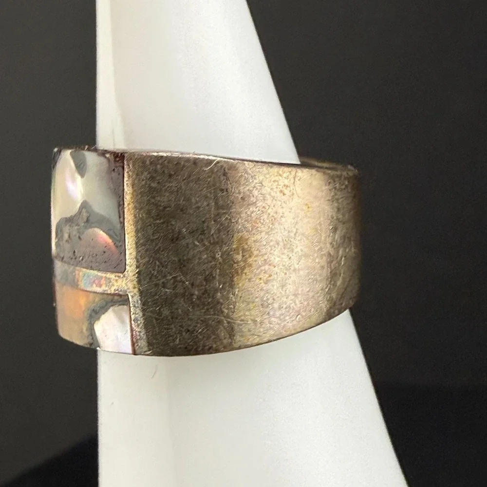 Vintage Sterling Silver Abalone Inlay Wide Cigar Band Ring Chunky Size 11